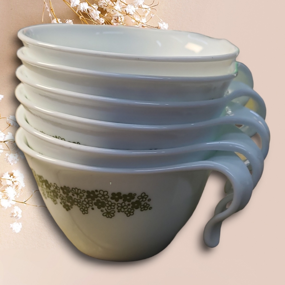 Vintage Corelle 6 Spring Blossom Butterfly Green Hook Handle Stackable Cups
